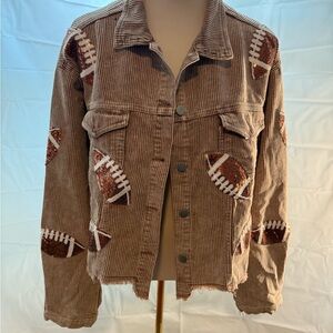 Brown Corduroy Jacket with White Embroidery and Soft Fabric Sequined Footballs